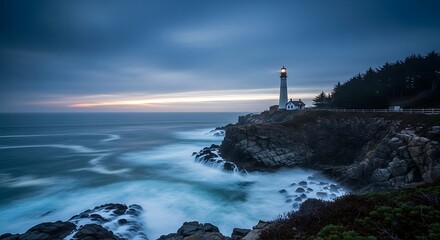 A majestic lighthouse stands tall on a rocky cliff overlooking the vast ocean at dusk, with the sky painted in hues of blue and orange, creating a serene and picturesque coastal scene