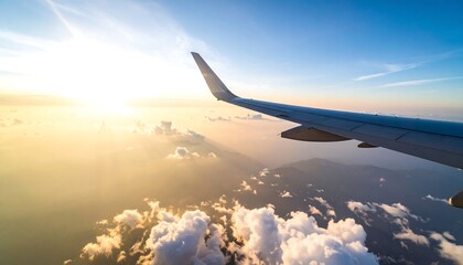 Fototapeta premium Airplane wing over sunset cloudscape