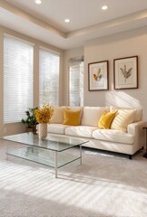 Fototapeta premium Light-filled living room with cream accents