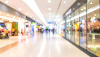 Blurred interior of a bright, spacious shopping mall with shoppers and various stores