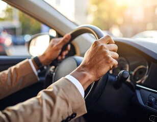 Close-up of hands on steering wheel