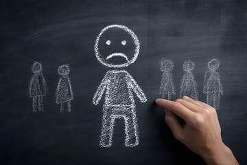 People bullying sad human drawn on blackboard