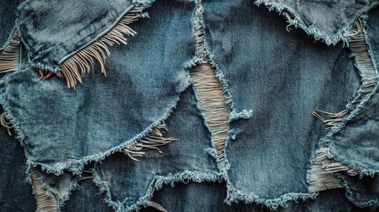 Torn denim jeans with frayed rips and threads, captured in macro, showcasing edgy street fashion and distressed casual wear concept