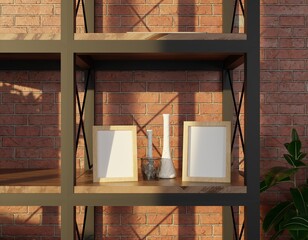 Wooden shelves with blank frames and vases against a brick wall, sunlit