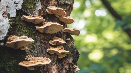 Tree trunk with small fungi colonies emerging from bark, symbolizing growth, forest resilience, and woodland ecology