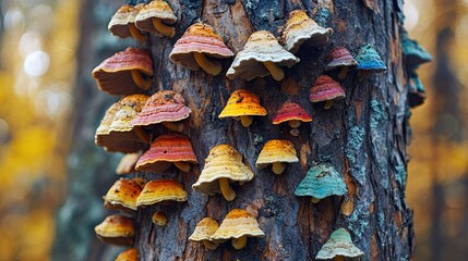 Tree with colorful fungi sprouting along bark, representing natural growth, ecology, and woodland diversity