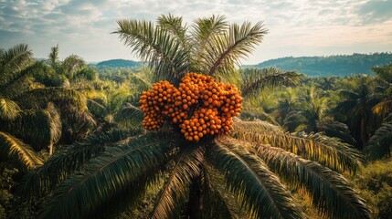 Tropical palm oil trees with ripe orange fruits clustered at the top, ready for harvest, symbolizing agriculture, industry, and natural resources