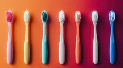 Various toothbrushes lined up on bold color background, emphasizing dental hygiene tools and modern lifestyle
