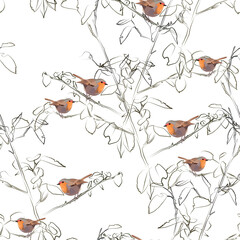 Seamless pattern with realistic robins and sketchy branches on a white background. Ideal for textiles, wallpaper, packaging, nursery decor, and fashion design. Creates a gentle, natural mood.