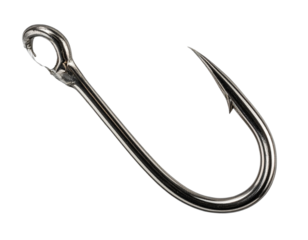 Close up of a single sharp fishing hook against a black background