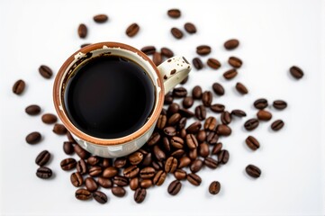 Obraz premium Rustic coffee cup with scattered grains of coffee beans on a clean white background, dark, macro