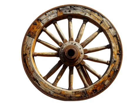 Rustic antique wooden wagon wheel with weathered spokes and rim