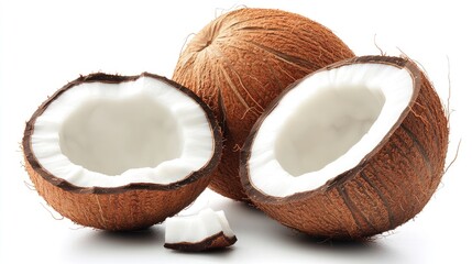 Whole coconut beside a half-opened one, isolated on a white background, representing natural food, healthy diet, and tropical fruit photography
