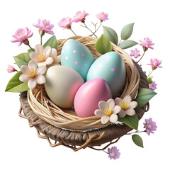 Easter Nest with Decorated Eggs and Flowers spring
