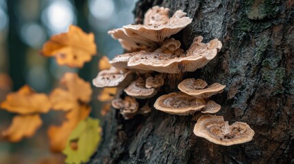 Wild fungi with earthy tones growing naturally on a tree surface, representing forest ecosystem and natural texture
