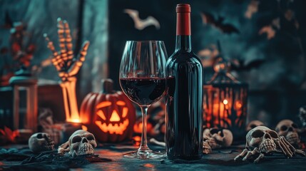 Wine bottle and glass styled for Halloween, surrounded by skeleton hands, bats, and haunted house decorations with dim lighting
