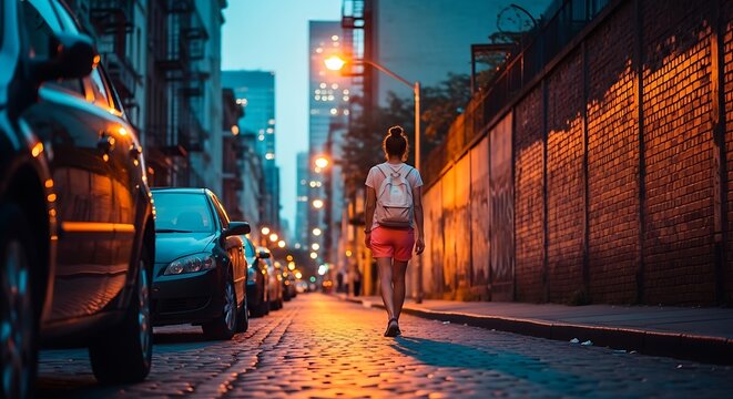 Woman with backpack walking down a cobblestone street lined with cars and brick walls at dusk or dawn - Powered by Adobe