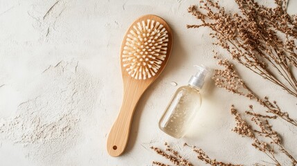 Wooden body brush and clear shampoo on soft neutral backdrop, minimalistic composition for wellness and personal care concept
