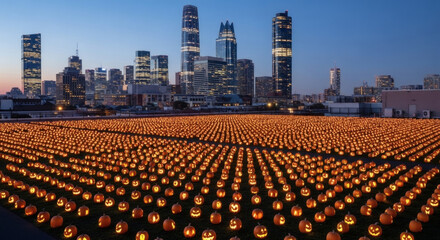 Fototapeta premium Rows of glowing jack-o-lanterns in a field with a city skyline at dusk.