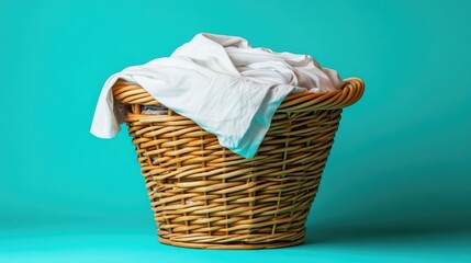 Wooden laundry basket full of casual clothing against a turquoise background, showcasing household chores, cleanliness, and home living concepts