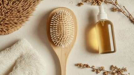 Wooden massage brush with bristles and liquid shampoo bottle, arranged neatly on neutral background for bathroom styling