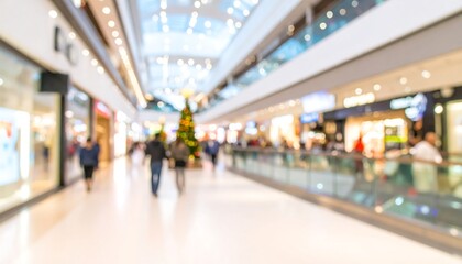 Blurred interior of a large shopping mall with shoppers and stores