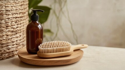 Wooden massage brush with shampoo bottle on clean surface, studio shot highlighting sustainable bathroom accessories