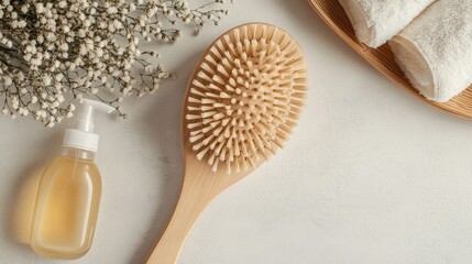 Wooden massage brush with bristles and liquid shampoo bottle, arranged neatly on neutral background for bathroom styling