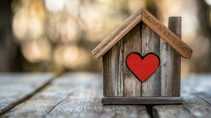Wooden model house with heart symbol on front door, placed on wooden table, symbolizing real estate, home loan, and happy family lifestyle