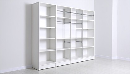 A modern, empty white bookcase unit stands in a bright, minimalist room, showcasing its clean lines and spacious shelving.