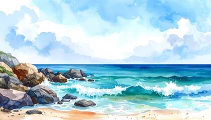 A serene seascape illustration depicts a tranquil beach scene with crashing waves against rocky shores under a vibrant cloudy sky.