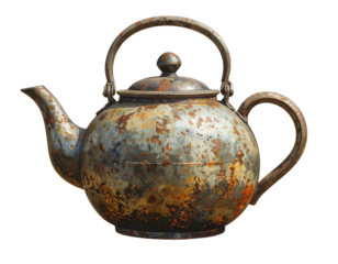 Antique ornate metal teapot with intricate floral patterns and weathered patina