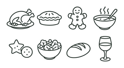 Outline icons of festive food and drink: turkey, pie, gingerbread, soup, cookies, salad, bread, wine