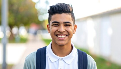 A happy teenage boy with a broad smile is pictured outdoors, with a blurred background.