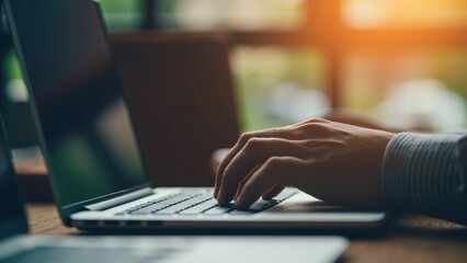 A close-up of a caucasian man's hands typing on a laptop keyboard on a wooden table with blurred background with sunlight. Concept of remote work and business