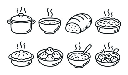 Hand-drawn rustic food icons featuring bread, soup, pie, dumplings, and meatballs