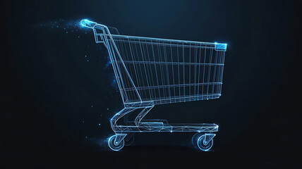 Futuristic glowing blue digital shopping cart made of geometric lines and dots on a dark background