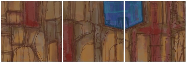 Modern interior triptych. The picture is painted by hand on a tablet.