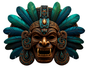 Ancient aztec warrior mask with vibrant green feathers and intricate details