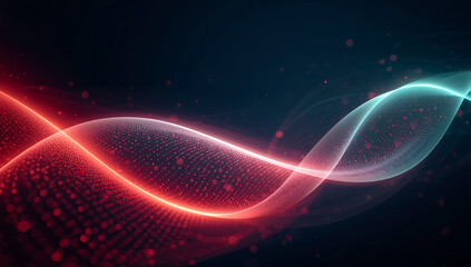 Abstract glowing red and blue wavy lines with particles against a dark background representing digital data flow