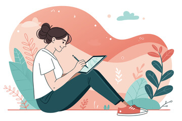 Woman freelancer designs graphics on a tablet.