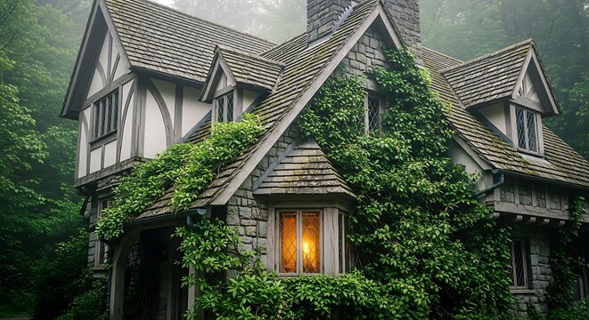 A quaint stone cottage with ivy covered walls and a warm light glowing from a window in a misty forest