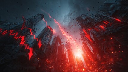 Apocalyptic Urban Scene with Red Declining Line Symbolizing Financial Crisis Amid Stormy Skyscrapers