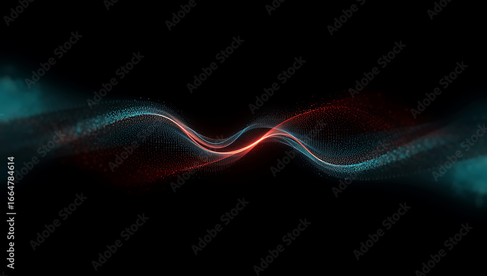 Poster abstract glowing wave of light particles with red and teal energy flowing across a dark background