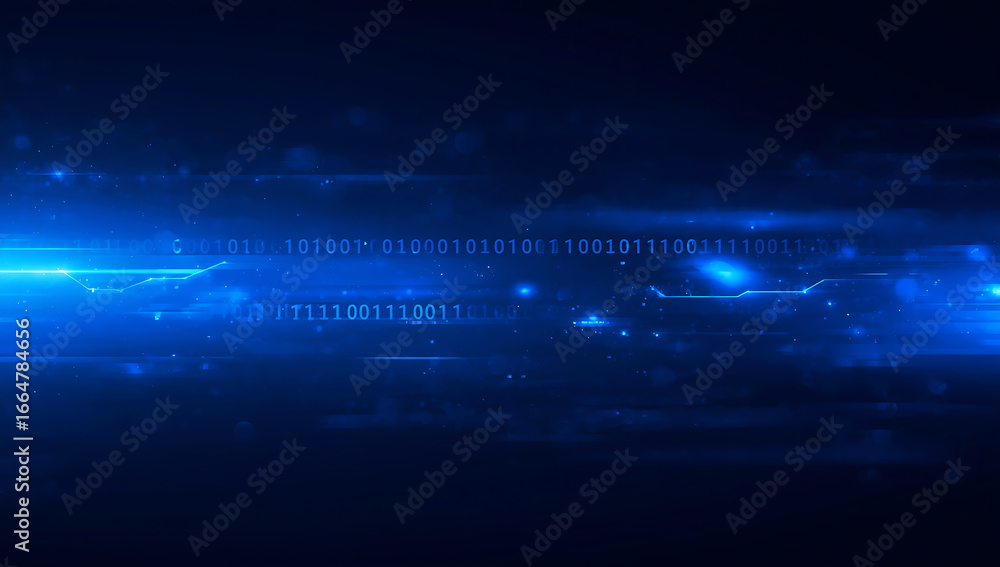 Poster abstract blue digital light streaks and glowing particles creating a futuristic technological backgr