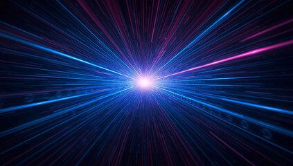 Obraz premium Vibrant blue and pink light streaks converge into a bright white starburst at the end of a dark digital tunnel