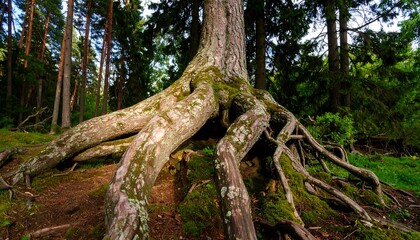 Fototapeta premium Extensive tree roots sprawled across the forest floor, revealing age and strength in nature's embrace.