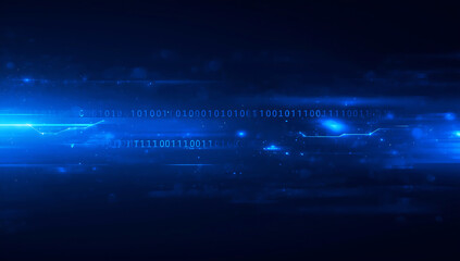 Abstract blue digital light streaks and glowing particles creating a futuristic technological background with a sense of motion