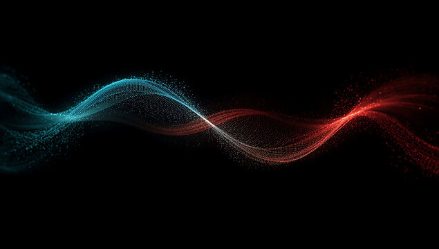 Abstract flowing wave of vibrant blue and red particles against a dark black background