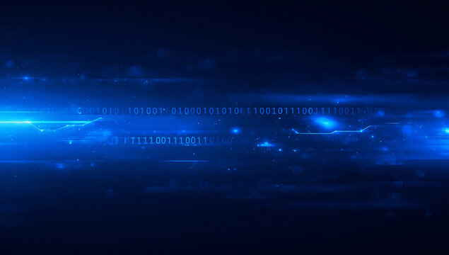 Abstract blue digital light streaks and glowing particles creating a futuristic technological background with a sense of motion